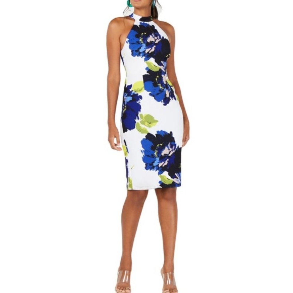 Trina Turk Emotion Halter Dress Knee-Length Blue Floral Print Size 8